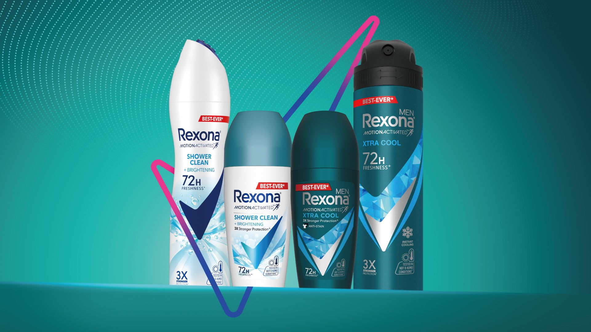 浴室檯面上擺放著一系列 Rexona 全身止汗香體露。